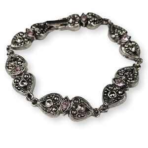 Double Heart Link Chain Bracelet Purple Rhinestone Antiqued Silver Tone 6.5"